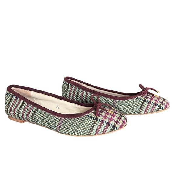 Burberry Women’s Houndstooth Check Bow Ballet Flats Purple Green Round Toe Shoes - Picture 3 of 15